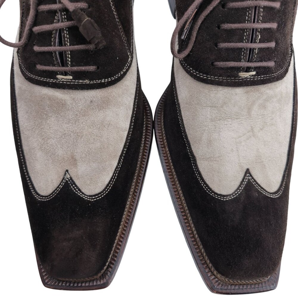 Mezlan Spain Mens size 9.5 Brown Beige Suede Leather Wingtip Oxfords Dress Shoes - Picture 2 of 12